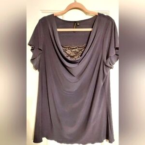 SUSAN Lawrence plus size women's cowl neck w/Lace Detail short sleeve top 2X